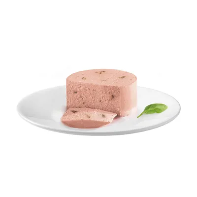 Pâtée pour animaux en forme de cylindre, une tranche coupée, présentée sur une assiette blanche avec une feuille verte à côté. Aucun emballage ou marque visible.