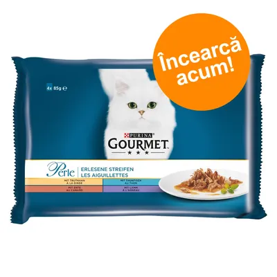 Pachet Purina Gourmet Perle, 4x85g. Text vizibil: „Încearcă acum!”. Imagine cu pisică albă și farfurie cu hrană umedă pentru pisici. Text suplimentar în germană și franceză.