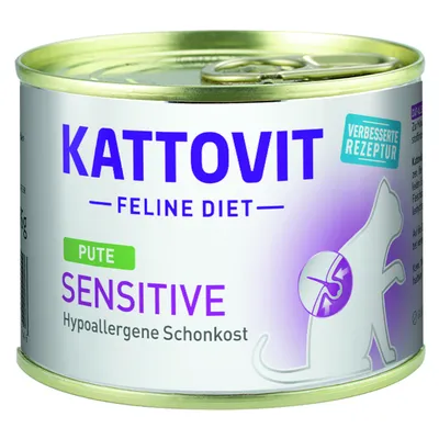 KATTOVIT FELINE DIET PUTE SENSITIVE Hypoallergene Schonkost, forbedret recept, dåse kattemad med kalkun til sensitive katte. Synlig tekst på tysk og engelsk.