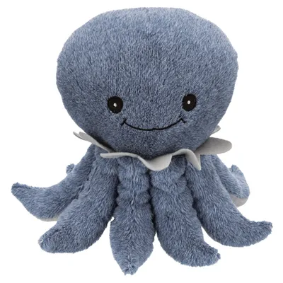 Jouet en peluche bleu en forme de pieuvre avec visage souriant brodé, huit tentacules et collerette grise visible autour du cou.