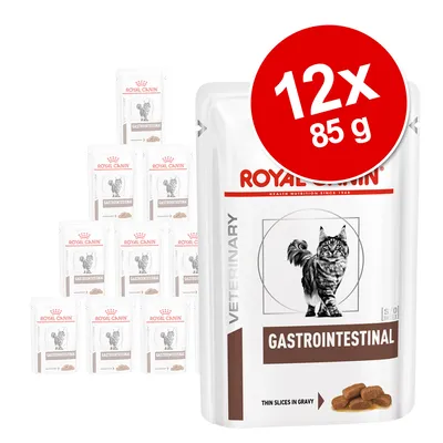 Royal Canin Gastrointestinal kissan märkäruoka, 12 x 85 g annospussia. Pakkauksessa kuva kissasta ja teksti 'Thin slices in gravy'.