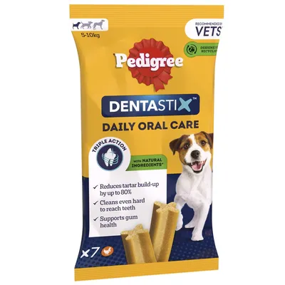 Dentastix daily oral care pack, triple action: reduces tartar build-up by up to 80%, cleans hard to reach teeth, supports gum health, with natural ingredients, 7 sticks for 5-10kg. Dentastix daily oral care pack, triple action: reduces tartar build-up by up to 80%, cleans hard to reach teeth, supports gum health, with natural ingredients, 7 sticks for 5-10kg.