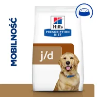 Opakowanie karmy Hill's Prescription Diet j/d z napisem MOBILNOŚĆ po lewej stronie. Widoczne logo marki i miska z jedzeniem w prawym górnym rogu.