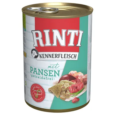 Rinti Kennerfleisch naudanmahalla, viljaton. Tölkki, jossa lihakuva ja merkki: Rinti seit 1983 Original.