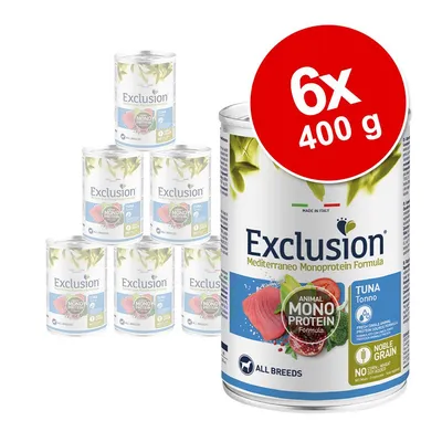 6 dåser Exclusion Mediterraneo Monoprotein Formula Tuna, hver 400 g. Synlig tekst: Animal Mono Protein Formula, All Breeds, Noble Grain, No Grain, Made in Italy.