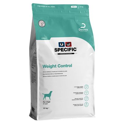 Sac de croquettes Specific Weight Control CRD-2 pour chiens, 12 kg. Marque Dechra. Texte visible : aliment diététique complet pour le contrôle du poids, pour chiens tous âges.