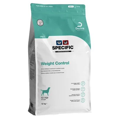 Sac de croquettes Specific Weight Control CRD-2 pour chiens, 12 kg. Marque Dechra. Texte visible : aliment diététique complet pour le contrôle du poids, pour chiens tous âges.
