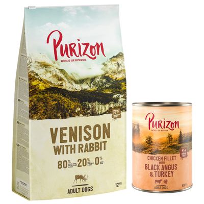 Purizon Black Angus with Turkey dla dorosłych psów, opakowanie suchej karmy i sześć puszek. Widoczny napis: Wypróbuj teraz! 80 % mięsa, 20 % warzyw, 0 % zbóż.