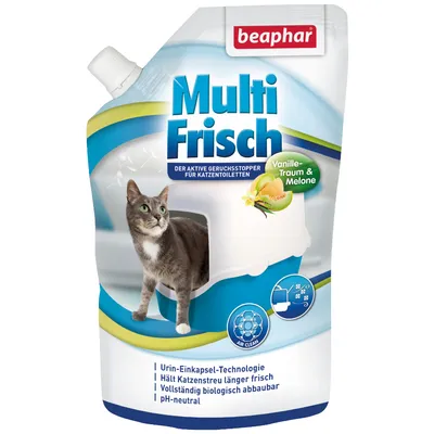 beaphar Multi Frisch Vanille-Traum & Melone, опаковка с изображение на котка до тоалетна. Видим текст: Urin-Einkapsel-Technologie, biologisch abbaubar, pH-neutral.
