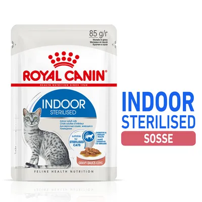 Royal Canin Indoor Sterilised Sosse, 85g. Geeignet für sterilisierte Katzen. Feline Health Nutrition mit Verdauungs- und Harnwegsgesundheit.