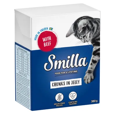 Boîte de nourriture pour chat Smilla Chunks in Jelly, with beef, 380 g, recette sans céréales, contient de la taurine, made in Sweden. Chat gris illustré sur l’emballage.