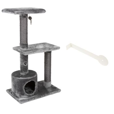 Arbre à chat gris avec deux plateformes, un poteau en sisal, une niche ronde et un jouet suspendu. Revêtement en tissu doux, structure adaptée pour grimper et se reposer.