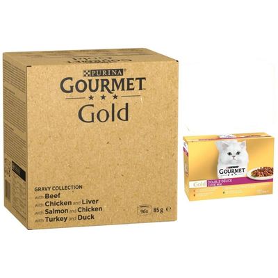 Purina Gourmet Perle, 96 x 85 g = 8160 g. Warianty: z pstrągiem, indykiem, kaczką, dziczyzną. Wielojęzyczny opis na opakowaniu.