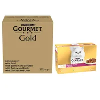 Jumbopack Gourmet Gold pour chat 96 x 85 g + sachets Gourmet 24 x 85 g offerts ! - Les Noisettes : bœuf, poulet & foie, saumon & poulet, dinde & canard + double délice