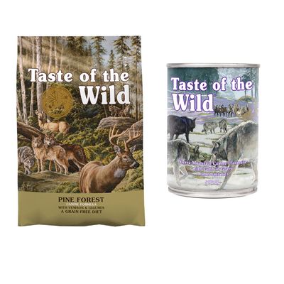 Zestaw Taste of the Wild: duża torba oraz 6 puszek karmy z widoczną nazwą marki i dużym symbolem procentowym, informującym o promocji.