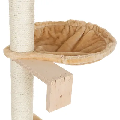 Kratzbaum mit Sisal umwickeltem Stamm, Holzplattform und beigem Plüschbett. Geeignet für Katzen zum Klettern und Ruhen.