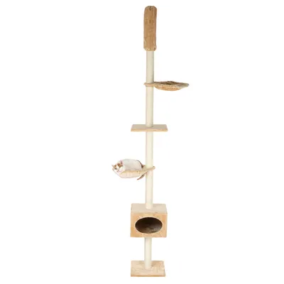 Cat tree with multiple levels, cave and resting areas. Beige fabric cover. White cat lying on a hammock.