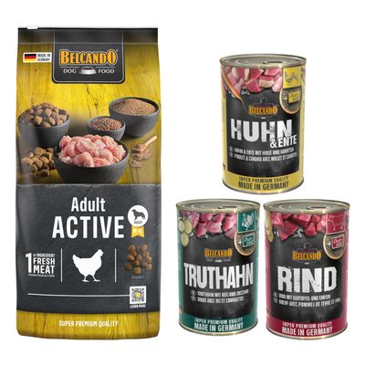 Belcando Adult Dinner, sac 15 kg et assortiment de 6 boîtes 400 g pour chien, texte visible : Pack gourmand. Emballages avec photo de chien et noms des variétés sur les boîtes.