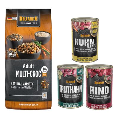 Belcando Adult Dinner, sac 15 kg et assortiment de 6 boîtes 400 g pour chien, texte visible : Pack gourmand. Emballages avec photo de chien et noms des variétés sur les boîtes.