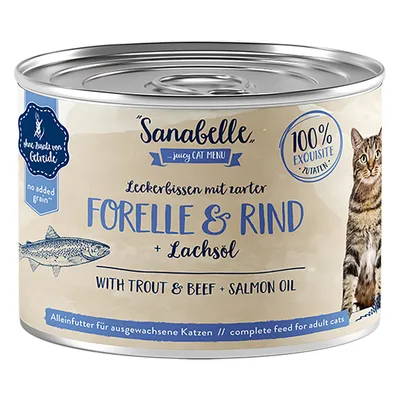 Boîte Sanabelle pour chat adulte, saveur truite et bœuf avec huile de saumon, sans céréales ajoutées, 100 % ingrédients exquis, texte en anglais et allemand visible sur l’étiquette.