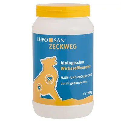 LUPO SAN ZECKWEG, biologischer Wirkstoffkomplex, FLOH- UND ZECKENSCHUTZ durch gesunde Haut, 1200 g. Blå og gul beholder med silhuet af hund. LUPO SAN ZECKWEG, biologischer Wirkstoffkomplex, FLOH- UND ZECKENSCHUTZ durch gesunde Haut, 1200 g. Blå og gul beholder med silhuet af hund.