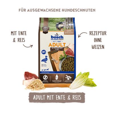bosch Adult mit Ente & Reis, Rezeptur ohne Weizen, für ausgewachsene Hunde. Abbildung von Trockenfutter, frischer Ente, Reis und Chicorée.