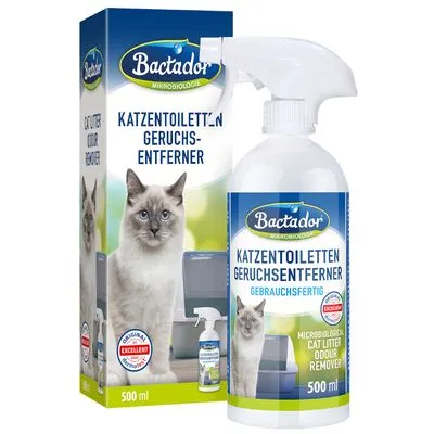 Bactador kattentoiletten geurverwijderaar, gebruiksklaar, microbiologisch. Verpakking en sprayfles met kat, tekst deels in Duits en Engels. Inhoud: 500 ml.