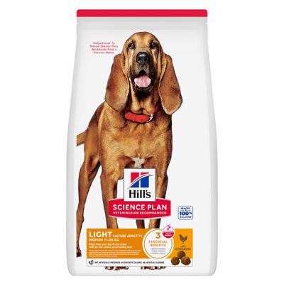 Hill's Science Plan Light Mature Adult 7+ Medium 11-25kg mit Huhn. 16% weniger Kalorien, keine künstlichen Farben oder Aromen. Empfohlen von Tierärzten.