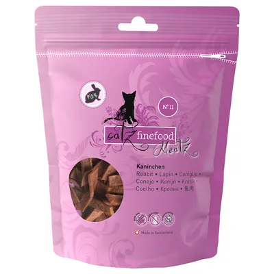 Confezione catz finefood Meatz N°11, 99,5% coniglio, visibile finestra con snack, testo multilingue 'Rabbit', icone ingredienti naturali e senza cereali, Made in Switzerland.