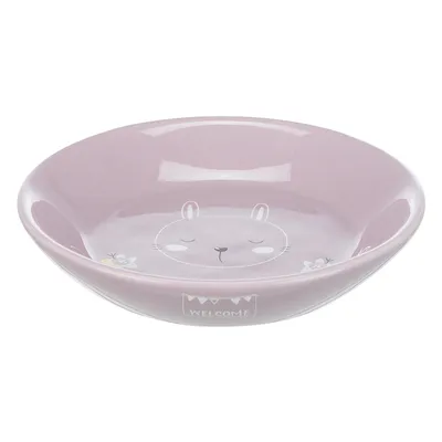 Pink ceramic bowl with animal face, floral design and 'Welcome' lettering on the front.