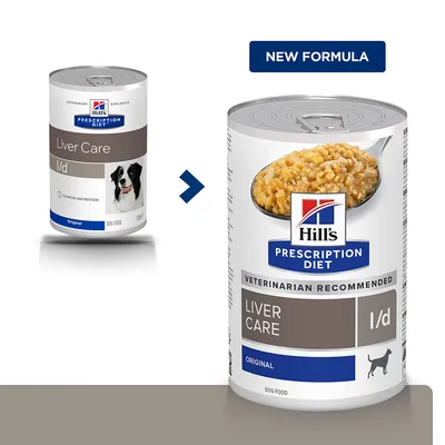 Hill's Prescription Diet Liver Care l/d kutyakonzerv régi és új csomagolása, nagy betűkkel: NEW FORMULA. Az új dobozon táp képe látható kanállal.