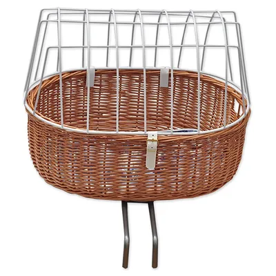 Fletkurv med metalgitter og to læderremme, monteret på metalstel. Kurven er rund og lavet af flettet materiale, gitteret er hvidt metal.