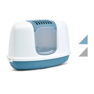 Toilette chiusa per gatti con sportello, design bianco-blu, prese d’aria superiori. Opzioni colore: blu e grigio.