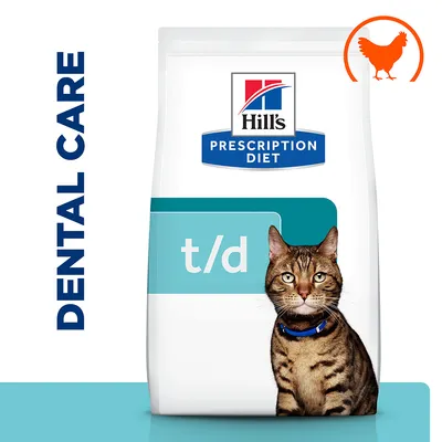 Hill's Prescription Diet t/d hrana za mačke, oznaka Dental Care, slika mačke i narančasta silueta kokoši na pakiranju.