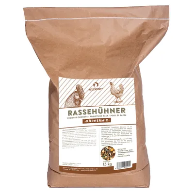 Sac Neudorff Rassehühner Körnermix, 15 kg, pentru găini de rasă. Text vizibil: fără OMG, fără coloranți și conservanți, fără ulei de palmier. Imagine cu amestec de cereale pe etichetă. Sac Neudorff Rassehühner Körnermix, 15 kg, pentru găini de rasă. Text vizibil: fără OMG, fără coloranți și conservanți, fără ulei de palmier. Imagine cu amestec de cereale pe etichetă.