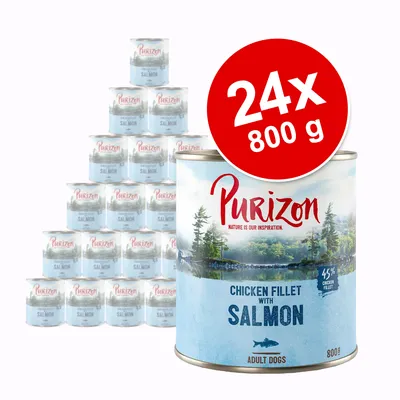 Purizon Chicken Fillet with Salmon, 24 x 800 g dåser til voksne hunde. Synlig tekst: 45 % chicken fillet, adult dogs, 800 g.