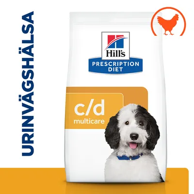 Hill's Prescription Diet c/d multicare hundfoder, texten URINVÄGSHÄLSA till vänster, bild på hund och orange kycklingsymbol synlig på förpackningen.