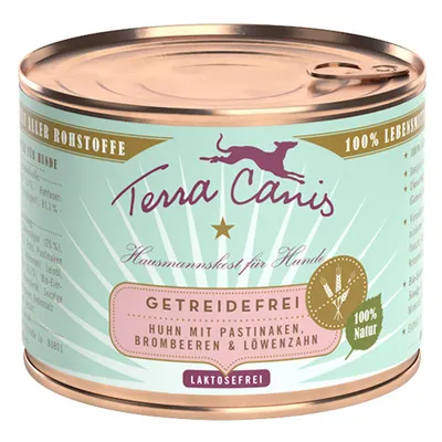 Terra Canis Hausmannskost für Hunde, getreidefrei, kurczak z pasternakiem, jeżynami i mniszkiem, 100% Natur, laktozefrei. Tekst w języku niemieckim.
