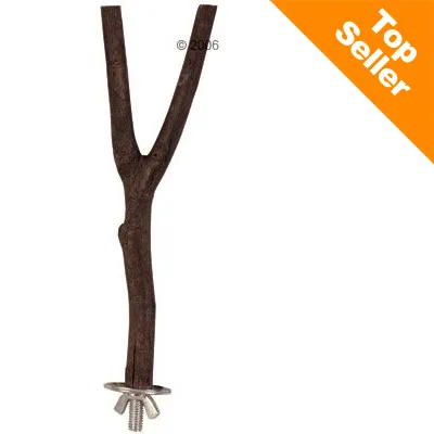 Přírodní dřevěné bidlo ve tvaru Y s kovovým šroubem a podložkou pro upevnění. V pravém horním rohu oranžový nápis Top Seller.