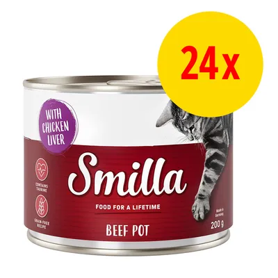 Smilla Beef Pot 200 g, with chicken liver, contains taurine, grain-free recipe, balení 24×. Vyobrazená konzerva s kočkou na etiketě. Smilla Beef Pot 200 g, with chicken liver, contains taurine, grain-free recipe, balení 24×. Vyobrazená konzerva s kočkou na etiketě.