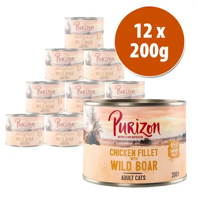 Lote de 12 latas de 200 g Purizon Chicken Fillet with Wild Boar para gatos adultos. Texto visible: 45% chicken fillet.