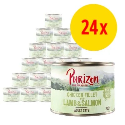Pack of 24 tins, each labelled chicken fillet with lamb and salmon, 200g, for adult cats. 45% chicken fillet stated on the tin.