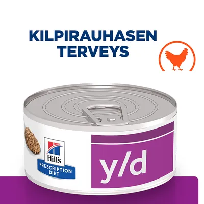Hill's Prescription Diet y/d -purkki, teksti 'KILPIRAUHASEN TERVEYS', oranssi kanan siluetti. Purkin etiketissä Hill's-logo ja y/d-tuotenimi.
