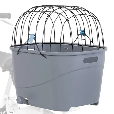 Cestino da bicicletta grigio con griglia metallica nera e chiusure blu, adatto al trasporto sicuro di pet. Elementi di fissaggio visibili.