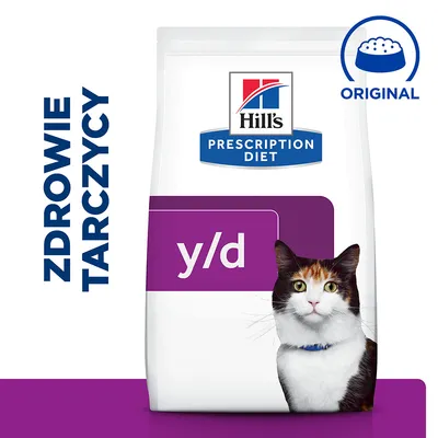 Hill's Prescription Diet y/d karma dla kota, napis ZDROWIE TARCZYCY, symbol miski z napisem ORIGINAL na opakowaniu.