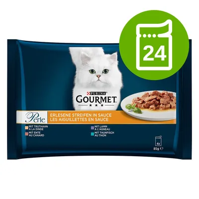 Purina Gourmet Perle, wyselekcjonowane paski w sosie, 4 x 85 g. Widoczny kot, kawałki karmy na talerzu, ikona 24 na zielonym tle.