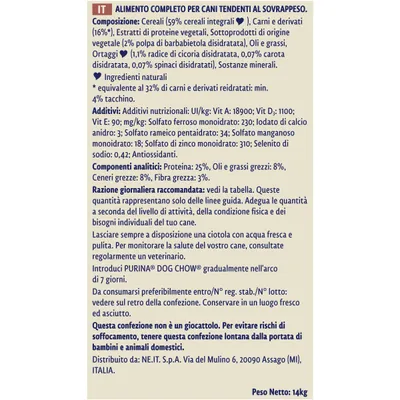 Alimento completo per cani tendenti al sovrappeso. Composizione, additivi, componenti analitici, razione giornaliera raccomandata, avvertenze di sicurezza, peso netto 14 kg.