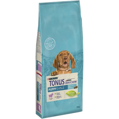Sacchetto da 14 kg di Purina Tonus Dog Chow Puppy con agnello, immagine di cucciolo sulla confezione, testo visibile: Naturium, per cani fino a 1 anno.