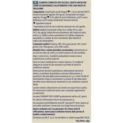 Tabella ingredienti e istruzioni PURINA DOG CHOW cuccioli: composizione, additivi, analisi nutrizionale, razioni consigliate per età, consigli gravidanza/allattamento, avvertenze. Peso netto: 14 kg.