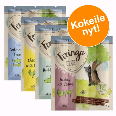 Feringa Sticks -kissanherkut, pakkauksissa maut: Salmon & Trout, Chicken with Mint, Rabbit, Turkey with Lamb. Oranssi ympyrä: Kokeile nyt!